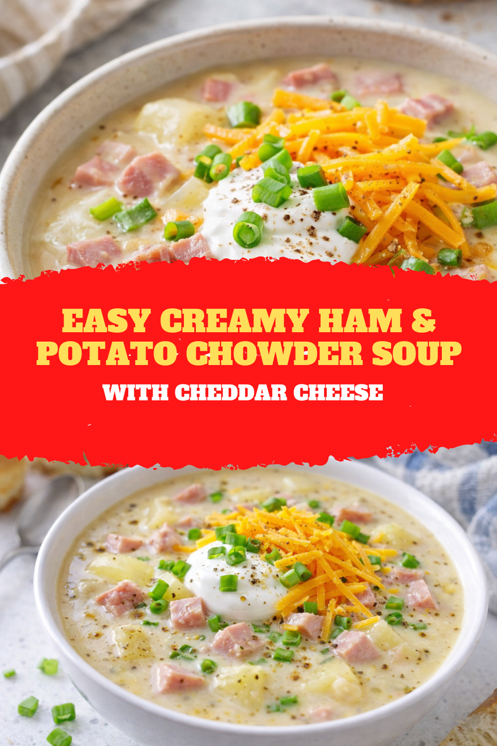 Easy Creamy Ham & Potato Chowder Soup with Cheddar Cheese Thumbnail