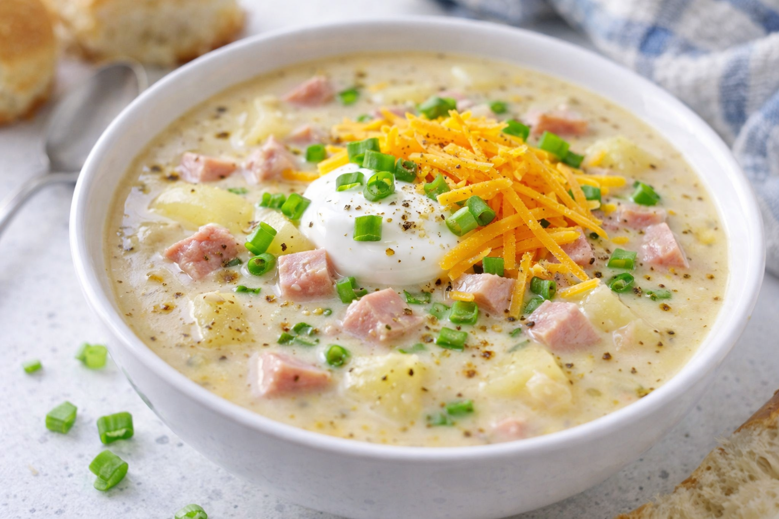 Easy Creamy Ham & Potato Chowder Soup with Cheddar Cheese Thumbnail