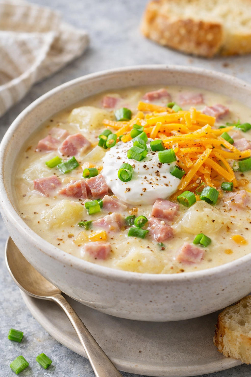 Easy Creamy Ham & Potato Chowder Soup with Cheddar Cheese Thumbnail